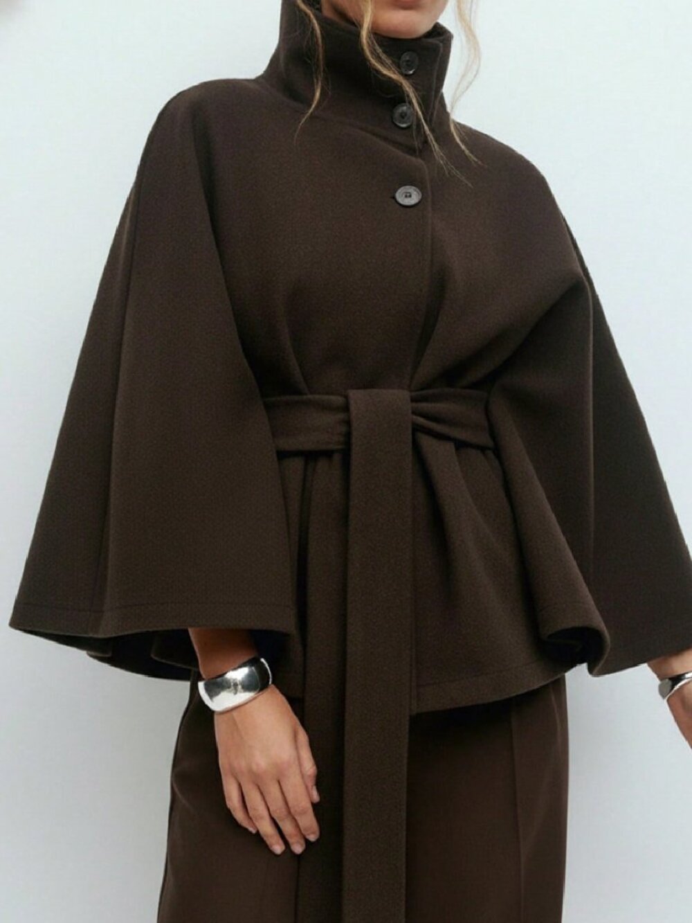 Coffee Brown Casual Women's Elegant Hooded Poncho Overcoat With Belt